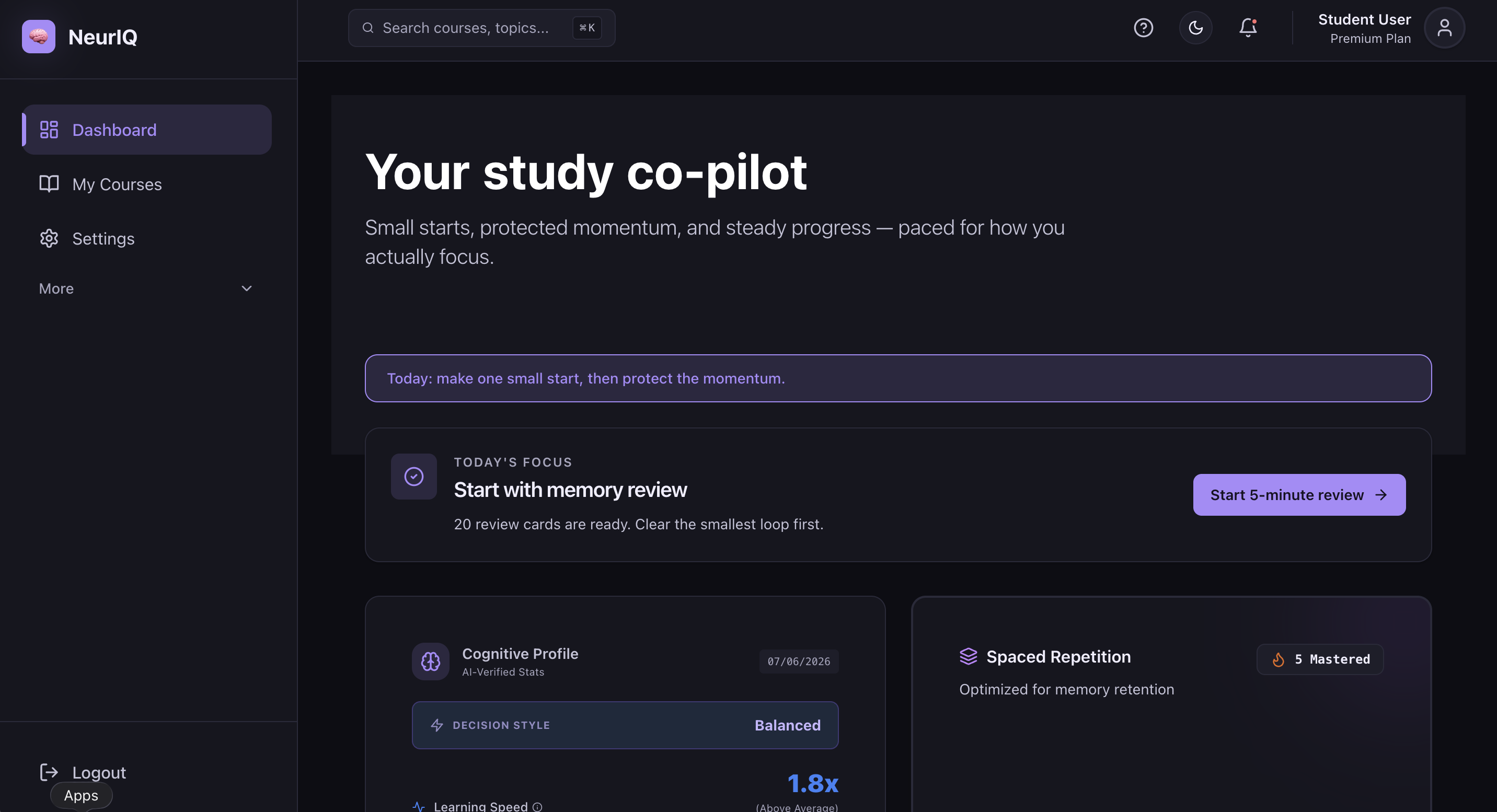 NeurIQ Student Dashboard